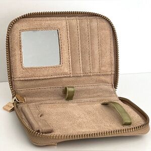 Jouer Tan Suede Soft Leather Gold Hardware Zip Mini Card Coin Wallet